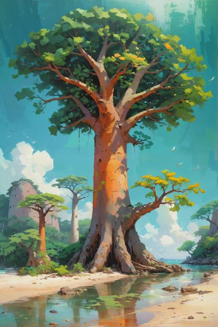 stylized by Krenz Cushart, lush beach with Baobab, landscape of a (Deciduous Forest:1.1) , it is Airy, Snowy, Neo-Dadaism Art, Hypersaturated, under water