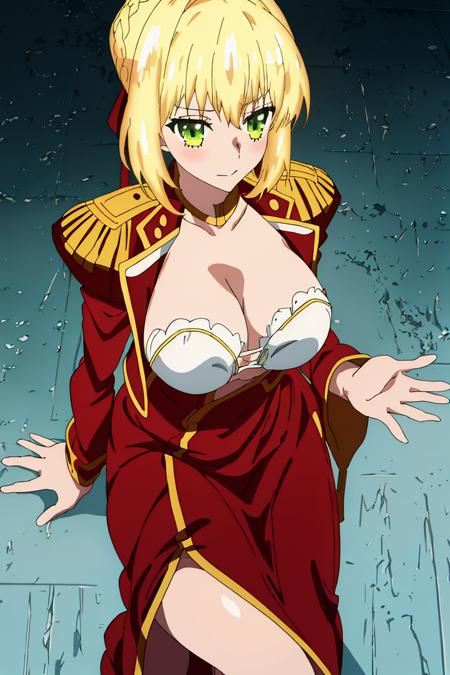 <lora:last_encore_512:1>,
masterpiece,best quality,1girl,solo,fxle_anime,nero,blonde hair,large breasts,
long dress,red dress,cleavage,white bra,long sleeves,nice hand,good hand,