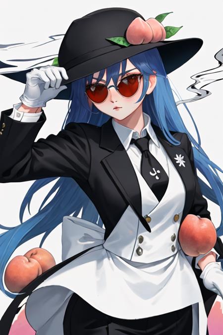 best quality, masterpiece, highres, solo, {black business suit:1.40}, {tie:1.20}, {sunglasses:1.25}, {white gloves:1.15}, {white shirt:1.10}, {black skirt:1.15}, {smoking:1.20}, handsome, {hinanawi_tenshi_touhou:1.15}, blue_hair, long_hair, red_eyes, peach, food, fruit, hat, blush, black_headwear, bow, leaf, hair_between_eyes