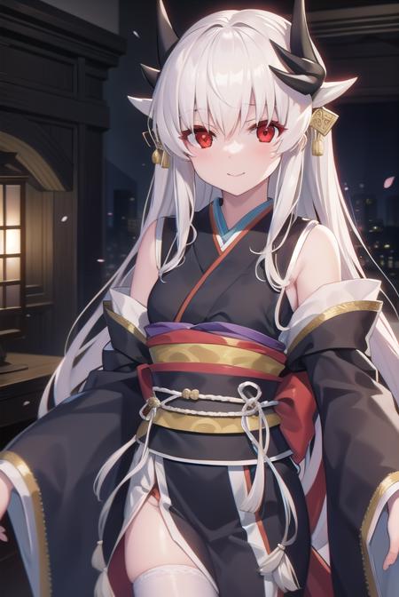 kiyohime, <lora:kiyohime-lora-nochekaiser:1>,
kiyohime, white hair, dragon girl, dragon horns, horns, long hair, (red eyes:1.5), smile, (small breast:1.2),
BREAK japanese clothes, obi, sash, thighhighs, wide sleeves, yukata,
BREAK looking at viewer,
BREAK indoors,
BREAK <lyco:GoodHands-beta2:1>, (masterpiece:1.2), best quality, high resolution, unity 8k wallpaper, (illustration:0.8), (beautiful detailed eyes:1.6), extremely detailed face, perfect lighting, extremely detailed CG, (perfect hands, perfect anatomy),