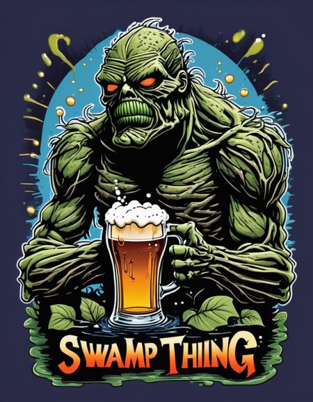 vector cartoon illustration of swamp thing drinking a beer with goopy text that says Swamp Thing <lora:Vector cartoon illustration-000008:1>