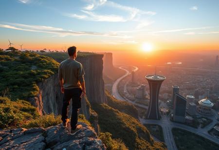 1 man, from behind, on the edge of a cliff, looking at the view, sunrise, futuristic city, greenery, nature, ecology, renewable energies, majestic