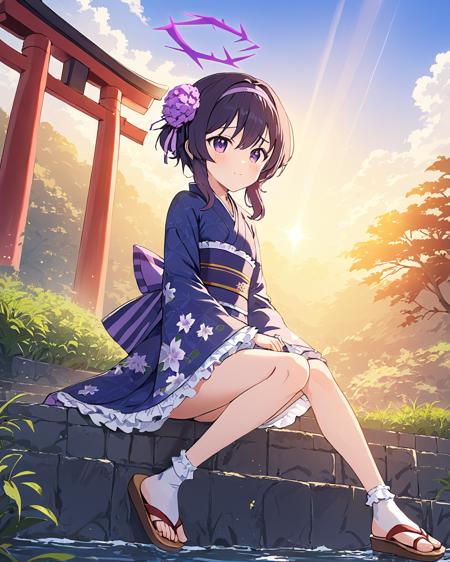 breathtaking,haruka \(blue archive\),1girl, solo, looking at viewer, blush, hair ornament, long sleeves, sitting, full body, hairband, outdoors, frills, japanese clothes, sky, socks, wide sleeves, kimono, halo, obi, floral print, sandals, lens flare, tabi, torii,halo,
<lora:Haruka_image189_v1:1>. . gorgeous,key visual, vibrant, studio anime,award-winning, professional, highly detailed,high budget, cinemascope