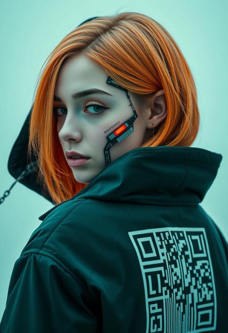 cyberpunk, closeup portrait of a woman with a half robot face, pastel teal/orange colored,  wearing a black high collar hooded parka with technical macro writing resembling an qr-code//bar-code on the back, solo, woman, high collar parka,