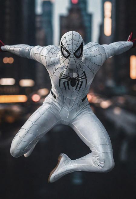 (Portrait face Solo Dominique McElligott flying in new york , photograph ,pale beautiful photo, ultra detailed white spiderman suit , night time, cinematic composition,  cinematic filtering , mask take in hand:1.4)