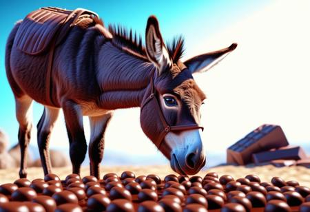 naughty donkey stealing chocolate. hyperdetailed, hyperrealistic, vivid colors, Ultra High Definition 64K, Detailed and Intricate, Digital Art, Realistic, Cinematic, Studio Lighting, Beautiful Lighting,landscape view