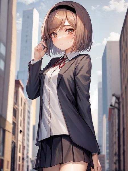 masterpiece, best quality, 1girl, solo, <lora:henp-4:1>,hair_band, short_hair, skirt,shirt,jacket,city,p90,