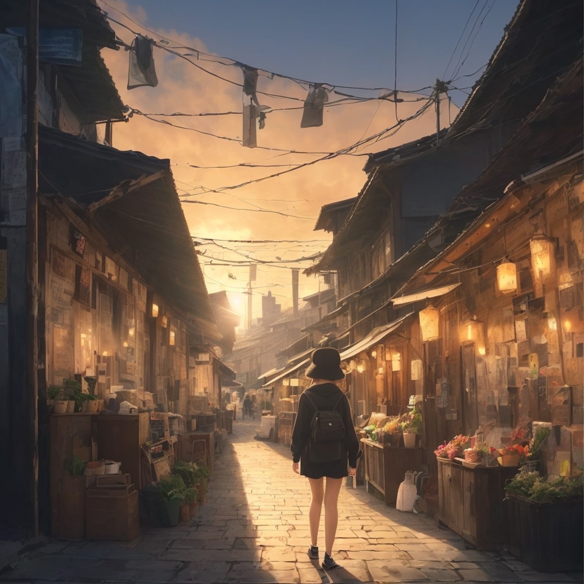 Masterpiece artwork in style of Makoto Shinkai. A girl with black half updo hair in unzipped parka and sporty shorts, walk...