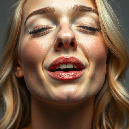 Beautiful blonde woman with nostrils wide, face flushed, mouth slightly open, head tilted back a bit, eyes half closed, pleased, aroused, head shot