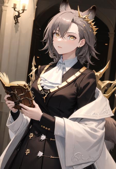 best quality, masterpiece, highres, solo, {penance_arknights:0.90}, 1girl, black_coat, black_nails, holding_book, white_ascot, black_jacket, closed_mouth, long_sleeves, upper_body, looking_at_viewer, open_book