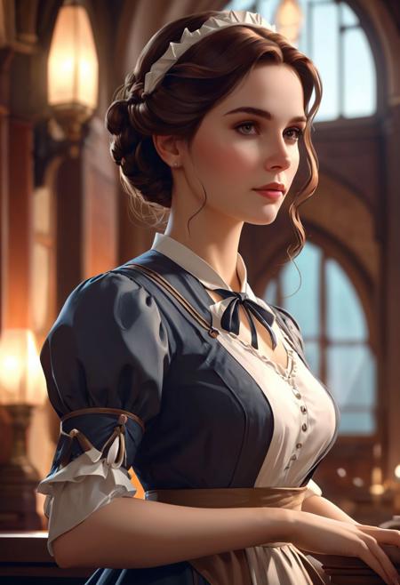 cinematic still She . emotional, harmonious, vignette, highly detailed, high budget, bokeh, cinemascope, moody, epic, gorgeous, film grain, grainy', 'low-poly style She maid . low-poly game art, polygon mesh, jagged, blocky, wireframe edges, centered composition', 'She maid, intricate, elegant. highly detailed, digital painting, artstation, concept art, smooth, sharp, focus, illustration.. art by artgerm and greg rutkowski and alphonse mucha