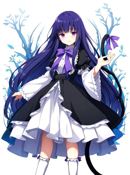 masterpiece, best quality, outdoors, frederica bernkastel, background dark forest , 1girl, tail, solo, purple eyes, dress, long hair, cat tail, blue hair, bow, socks, ribbon, kneehighs, frills, White background,  <lora:Frederica Bernkastel anyloraCheckpoint8ep26ryes40-000006:0.7>