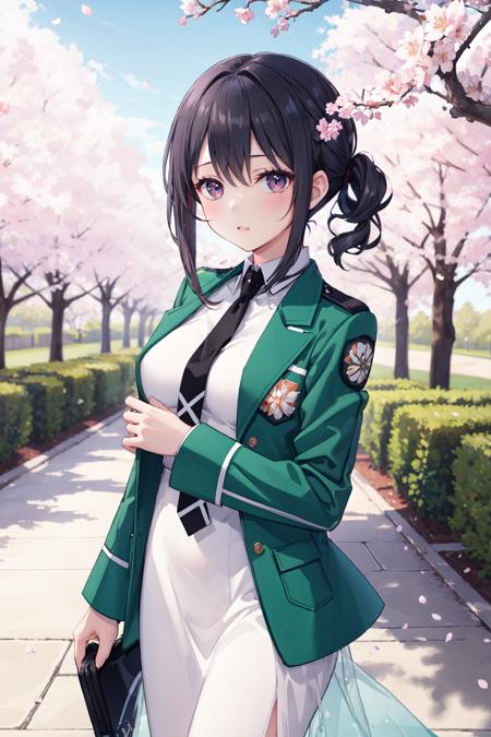 <lora:ç´°ç¯-ç¹éåº¦:0.5>, masterpiece,best quality,highres,ultra-detailed,(facing_viewer:1.1), cowboy_shot, solo, 1girl, medium_breasts, outdoors, garden, cherry blossom trees,magic_high_school_uniform,white dress,jacket,green jacket,black necktie, <lora:Testing_magic_high_school_uniform-58:0.5>