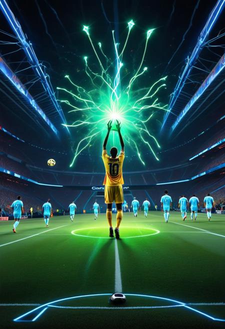 Under a golden, celestial glow, a surreal football game unfolds as players move gracefully, leaving shimmering light trails with every step. The field pulses with bioluminescent energy, its glowing green blades synchronising with the rhythm of the match.The golden football, emitting a bright light, streaks across the field like a shooting star, emitting sparkling bursts of brilliance upon impact, briefly illuminating the players' focused expressions.
The players' uniforms are imbued with luminous threads that exhibit dynamic shifts in hue, seamlessly blending with the ethereal light that envelops the stadium.Hovering above are radiant, firefly-like entities, intermittently flitting between players as if offering encouragement.The goalposts, crystalline and radiant, refract light into dazzling patterns, further enhancing the game's otherworldly allure.
The crowd further enhances the spectacle by means of luminous flags and bursts of light accompanying their cheers, thereby creating ripples of energy that fill the stadium.This extraordinary match thus transcends the ordinary, merging athleticism with celestial wonder to create a luminous celebration of human spirit and cosmic beauty, leaving an unforgettable impression on all who witness it.