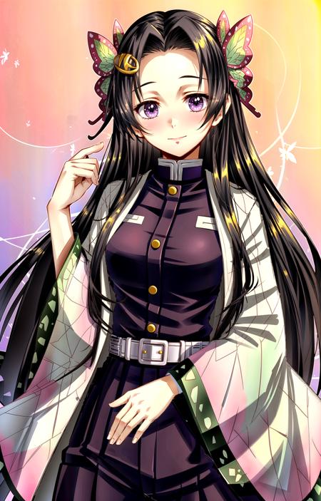 (masterpiece, top quality, best quality, official art, beautiful and aesthetic, picture-perfect:1.4), 1girl, solo,  Kanae, (looking at viewer, cowboy shot, standing:1), (black hair, black colored hair, black long hair, long hair, long flowing hair, parted bangs:1.2), (purple eyes, shining purple eyes:1.3), [smile, closed mouth:1.2], [large breasts, sexy:1], (Kanae Attire, black jacket, black pants, demon slayer uniform, haori, butterfly print, butterfly hair ornament, wide sleeves, long sleeves:1.15), <lora:more_details:.4>,  <lora:KanaeLora:.8>