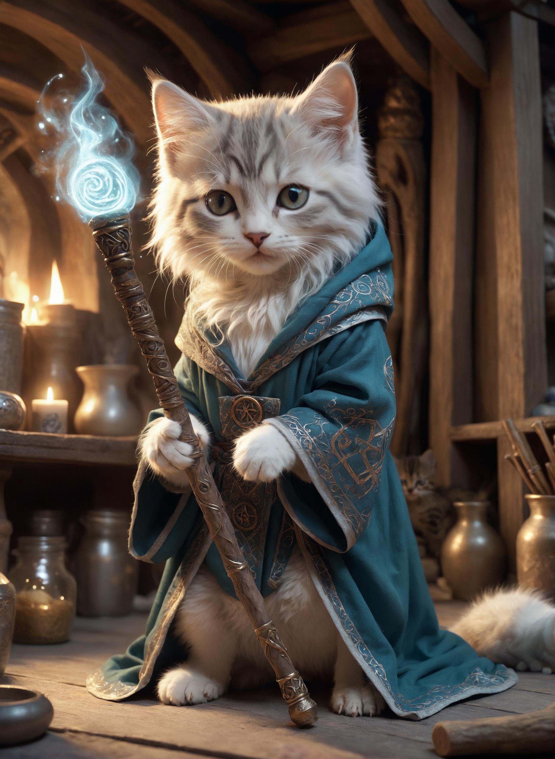 A cat dressed as a wizard holding a wand.
