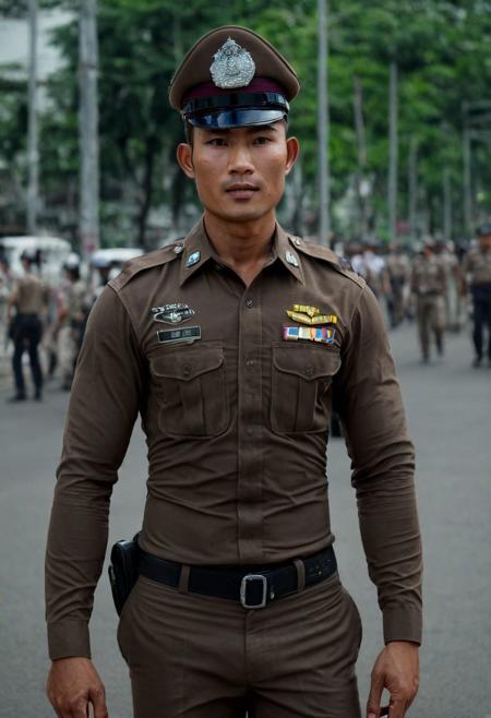 cinematic still of 30 year old handsome muscular Thai man in brown police uniform and hat, standing in Bangkok streets, highly detailed, intricate details, shallow field of depth, cinematic lighting