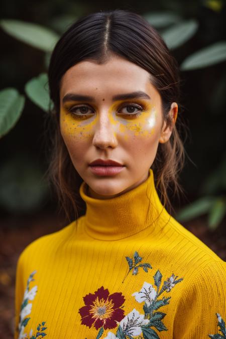 A stunning intricate full color up close portrait of ksh, wearing a yellow turtleneck with floral design pattern on it, epic character composition, by ilya kuvshinov, alessio albi, nina masic, sharp focus, natural lighting, subsurface scattering, f2, 35mm,<lora:Kesha-RealVision-V1.0:1>