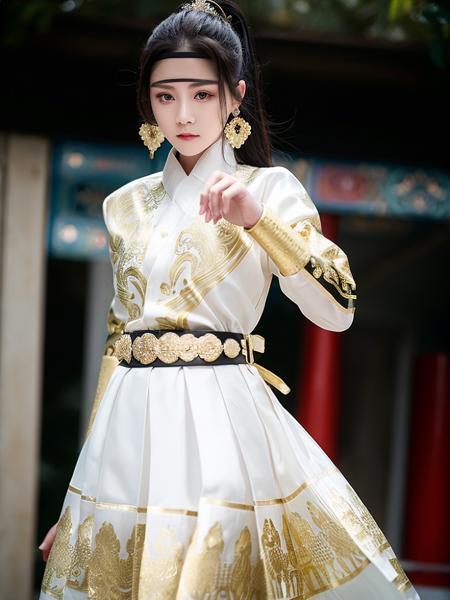 feiyu_clothes, white fabric, gold embroidery,  black bracer with golden embroidery,  white collar, high ponytail,  red hair ribbon, depth of field, night cityscape, (1girl:1.6),   ulzzang-6500v1.1, (original: 1.2), (realistic: 1.3) , beautiful girl with beautiful details, extremely detailed eyes and face, eyes with beautiful details, absurd, incredibly absurd, huge file size, ultra detail, high resolution, ultra detailed, best quality, masterpiece, illustration, ultra detailed and beautiful, ultra detailed, CG, unity, 8k wallpaper, amazing, fine Detail, masterpiece, top quality, official art, extremely detailed CG unity 8k wallpaper, cinematic lighting, (perfect shiny skin:0.6), slim and smooth lines, (floating), (small breasts:1),  earrings , <lora:Feiyu_clothes_v1:0.8> <lora:koreanDollLikeness_v15:0.2>