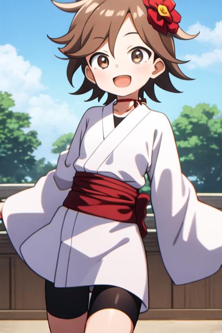 masterpiece, best quality, <lora:kunoichi_kagetsu:0.7>  1girl, solo, brown eyes,  brown hair, short hair, white kimono, long sleeves, bike shorts, red sash, hair ornament, hair flower, smile, cowboy shot, red choker, open mouth, standing on one leg,