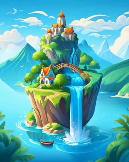 ffislandgen a cartoon landscape with a waterfall and a house, ffislandgen, ffislandgen island, waterfall, scenery, water, outdoors, no humans, day, cloud, sky, floating island, bird, tree, mountain, castle, river, bridge, grass, cliff, blue sky