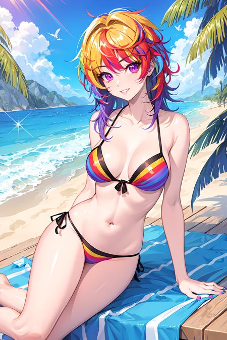 iro, 1girl, solo, multicolored hair, rainbow hair, purple eyes