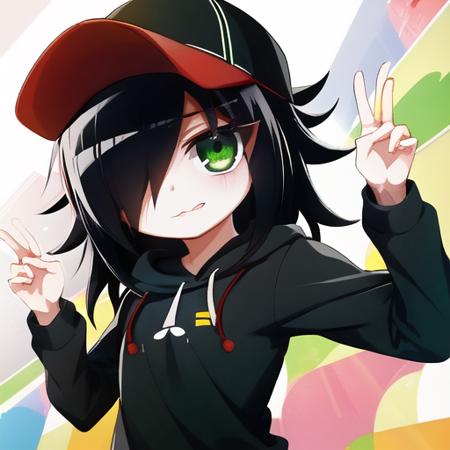 (masterpiece, best quality), kuroki-tomoko, hair over one eye, green eyes, black hooded pullover, red cap, brown shorts, looking at viewer, american shot,  <lora:tomoko-kuroki-v2-2:1>