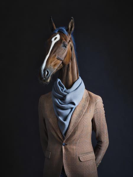 <lora:AnimalClothes:1>a horse wearing a suit and a blue scarf