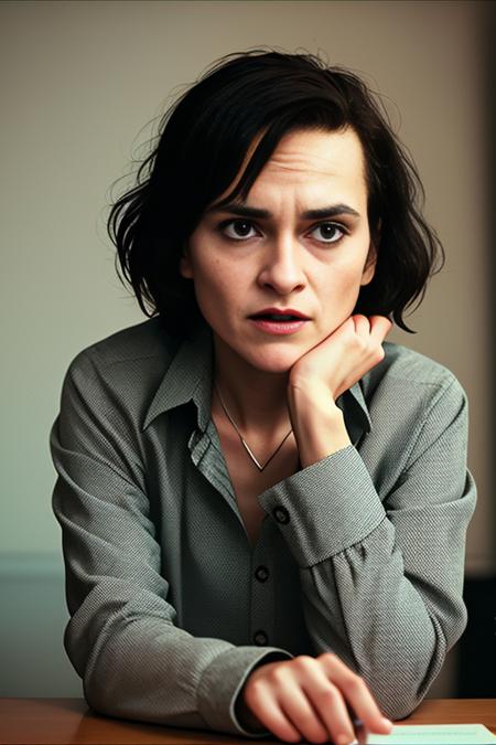 a woman, solo, looking at a computer screen with a surprised and shocked look on her face, Gotham, Joker, jokermovie style, movie screen grab, female focus, realistic, solo, shirt, black hair, open mouth, white shirt, long sleeves, collared shirt, jacket, brown jacket, indoors, teeth, depth of field