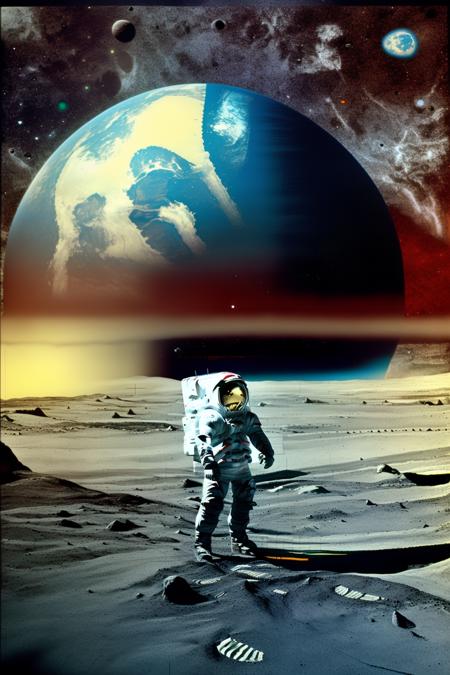 photo of the mission Apollo on an alien planet in the deep space, apollo_style , deep black sky , space art , sci-fi