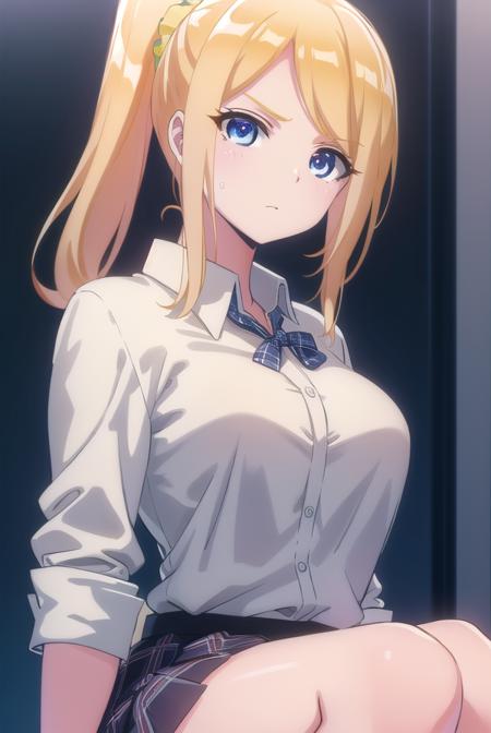 clairethomas, <lora:claire thomas anime s1-lora-nochekaiser:1>,
claire thomas, long hair, blue eyes, blonde hair, ponytail, scrunchie,
BREAK skirt, shirt, school uniform, white shirt, plaid, plaid skirt,
BREAK indoors, classroom,
BREAK looking at viewer,
BREAK <lyco:GoodHands-beta2:1>, (masterpiece:1.2), best quality, high resolution, unity 8k wallpaper, (illustration:0.8), (beautiful detailed eyes:1.6), extremely detailed face, perfect lighting, extremely detailed CG, (perfect hands, perfect anatomy),