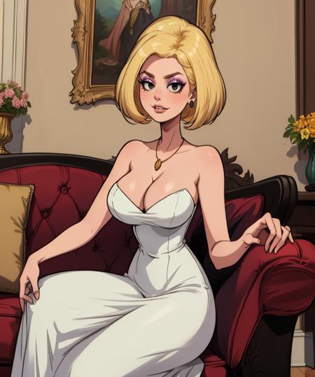 Pristine,short hair,blonde hair,black eyes,solo,eyeshadow,smug,
white Dress,cleavage,jewelry,bare shoulders,necklace,
sitting,
fancy house,living room,fancy couch,gold trim,
(insanely detailed, beautiful detailed face, masterpiece, best quality),<lora:pristine-10TO:0.8>,