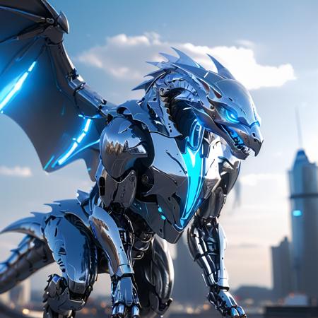 <lora:SilverPulseMorphXL:1>, silverpulse, a futuristic robot dragon, metallic, glossy, silver and blue glow, flying over a futuristic city,