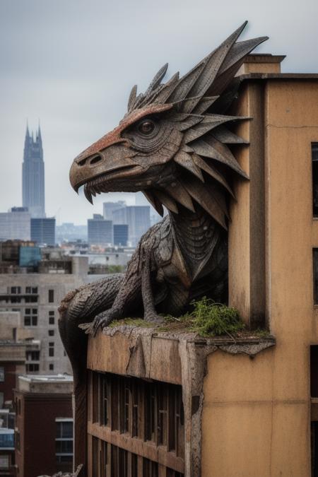 a  raw photograph,  a kaiju  sitting  on its roost in a city , sharp focus, center focus, style-abandoned2