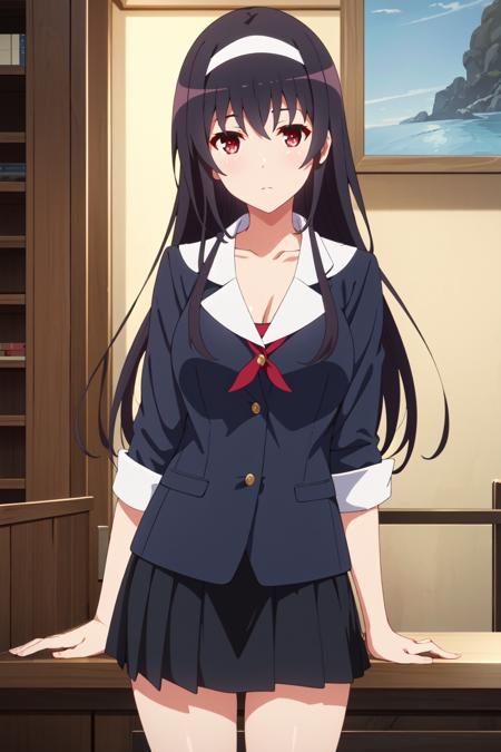 <lora:anime_screencap_v2:0.3> tall body, tall, long legs, mature female, mature, adult, <lora:GoodHands-beta2:1.4>,
 <lora:eft_sae_utaha-02:0.8>  eft_saekano_utaha, 1girl, kasumigaoka utaha, solo, long hair, hairband, black hair, red eyes, upper body, white hairband, shirt, bangs, indoors, looking at viewer, closed mouth, breasts, skirt