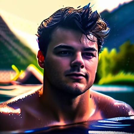 (intricate detail, beautiful/handsome:1.2) ,Friarmoody lighting, close up portrait of Noah Centineo a man <lora:paul-cuffaro-Noah-Centineo:1>, Sexy Country Style, bathing in a river, roots, (backlighting) , realistic, masterpiece, highest quality, lens flare, shade, bloom, [[chromatic aberration]], by Jeremy Lipking, by Antonio J. Manzanedo, digital painting, Skin Shine,Shiny Skin,Luscious skin, Smile,Chaos mode,unique details,full body