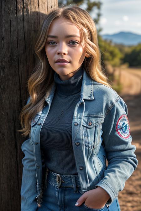 (RAW, analogue, Nikon Z 14mm ultra-wide angle lens, award-winning glamour photograph, ((best quality)), ((masterpiece)), ((realistic)), skin pores, subsurface scattering, radiant light rays, high-res, detailed facial features, high detail, sharp focus, smooth, aesthetic, extremely detailed, (extremely detailed eyes, extremely detailed iris), extremely detailed hair, extremely detailed skin, extremely detailed clothes, octane render, photorealistic, realistic, post-processing, max detail, realistic shadows, roughness, natural skin texture, real life, ultra-realistic, photorealism, photography, 8k UHD, photography, hdr, intricate, elegant, highly detailed, sharp focus, stunning, beautiful, gorgeous), (photorealistic), (realistic), j4d3p3ttyj0hn, full body, blonde hair, blue, eyes, (denim jacket:1.3), (black turtleneck sweater:1.1), jeans, lips, long hair, outdoors, on a ranch, leaning on a wooden post, looking at viewer, upper body, morning, bright, photorealistic, realistic, detailed eyes, intricate face, high contrast, <lora:Jade_Pettyjohn_PMv1_Lora:1.3>,