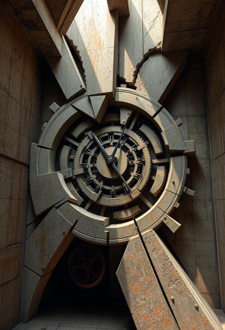 fractured geometry in the bunker walls, raw, (polished:-1.3),clock, (smooth surfaces:-1.4), infinite geometry in mechanical structures, soft yet angular forms, (noisy:-1.1), (blurry:-1.2), sculptural appearance, dystopian vibe, fragmented beams, photorealism, weathered textures, rigid structure, (disjointed anatomy:-1.3), (low quality:-1.2), intersecting planes of concrete and metal, brutalist geometry, unsettling, exaggerated forms, vibrant oil pastel colors, multichromatic oxides, recursive shapes in clock gears, (ugly:-1.3), saturated hues of corroded metal, interlocking geometric patterns, primal aesthetic, weathered concrete walls, flowing yet sharp brutal edges, (cartoonish:-1.1), underground bunker, deep earthy tones, high resolution, stark industrial lighting, surfaces, colorful oxides, patina, (overly ornate:-1.5), (bad composition:-1.3)