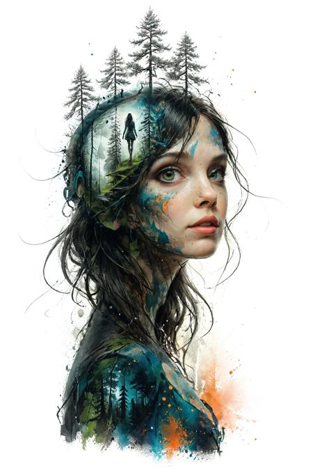 mysterious silhouette royal forest woman, by Minjae Lee, Carne Griffiths, Emily Kell, Steve McCurry, Geoffroy Thoorens, Aaron Horkey, Jordan Grimmer, Greg Rutkowski, amazing depth, double exposure, surreal, geometric patterns, intricately detailed, bokeh,  perfect balanced, deep fine borders, artistic photorealism , smooth,  great masterwork by head of prompt engineering   <lora:add-detail-xl:2>  <lora:Double_Exposure:0.5> <lora:xl_shuimo:0.8> ink wash painting <lora:Cute_Drawing:0.6>  <lora:hyperkraximalism_v1-1:0.3>