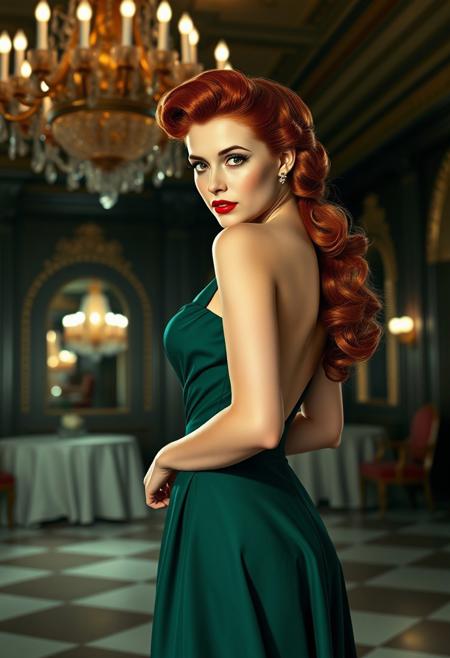 score_9, score_8_up, score_7_up,
RAW, masterpiece, full body, photorealistic, pinup,  noir_style, 
1girl, beautiful young woman, 30 years old, redhead, long hair, 1940s era flip up-do hairstyle,standing in a 1940s era ballroom,
1940's noir, elegant,
Wearing vintage green ball gown, low cut, nylon stockings, high heels.
looking at viewer, 
high details, highly detailed, sharp focus, beautifully detailed woman, detailed eyes and face, 
detailed background, 1940s ballroom, chandelier