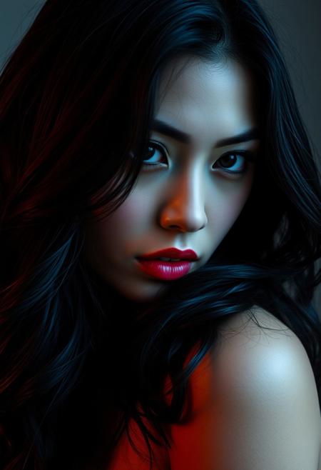 A seductive 25-year-old Vietnamese woman, captured in a close-up portrait. Her raven hair, styled in loose waves, frames a face of enigmatic beauty. Dark, smoky eyes, accentuated by dramatic winged eyeliner and a smoldering red lip, hold a mysterious allure. Her neck, delicate and alluring, is partially obscured by cascading locks. The photographer’s expert use of lighting and shadow creates a dramatic, almost cinematic atmosphere, emphasizing her raw sensuality and dangerous allure. Every curve, every glance, is a deliberate invitation to a world of desire.