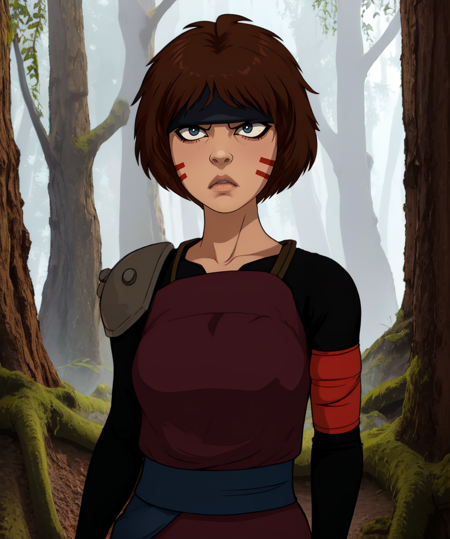 Smellerbee,short brown hair,facial mark,black eyes,eyeliner,serious,
headband,white gloves,leather chest plate,single shoulder pad,red armband,pants,sash,
standing,upper body,
forest,camp,night,
(insanely detailed, beautiful detailed face,beautiful detailed eyes, masterpiece, best quality),solo,<lora:Smellerbee-10-v9:0.8>,