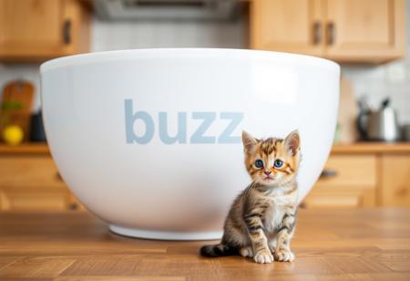 a cute little kitten sitting in the kitchen in front of a big empty bowl that says “buzz”