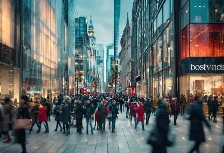 (bustling city street scene, transparent buildings, past events, intricate details, urban landscape, crowded street, modern architecture, dramatic lighting, HD, UHD, high resolution), vibrant atmosphere, busy pedestrians, transparent glass facade, historical events, ghostly figures, vintage scenes, HDR, tilt-shift effect, depth of field, surreal composition, bokeh