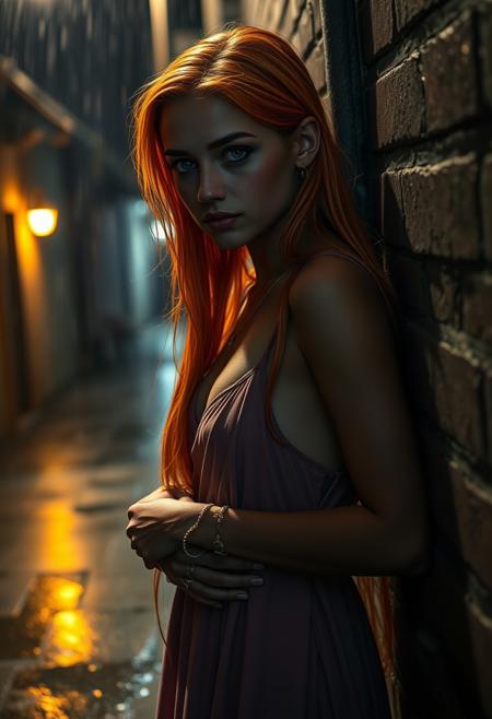 realistic lighting, photo, photorealistic, a 18 years old female, small size, petite, dark-skinned female, very long orange hair, aqua eyes, busty breast, small waist, wide hips, toned female, abs, freckles, necklace, arm bracelet, rings, mascara, serious, open dress, leaning against the wall, dark alleyway, at night, heavy rain, raining, wet body, wet hair, scenery, (cinematic angle, cinematic lighting, backlighting, ray light, volumetric light)