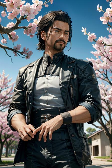 ((ultra detailed, masterpiece, best quality))
 <lora:CyberSaul:0.8>
CyberSaul, 1boy, solo, Beneath a cherry blossom tree in bloom, modern suit with a hint of traditional influence, stoic expression while holding a sakura branch