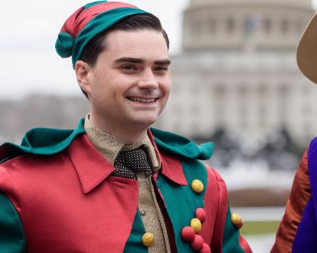 benshapiro person has a ((jester outfit)) on and is wearing lipstick. giving a news interview in Washington DC