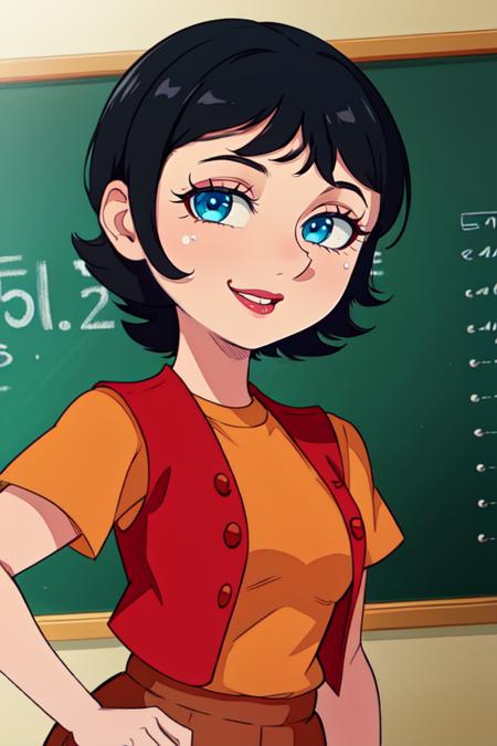 keane,short black hair,blue eyes,short hair,
orange shirt,red vest,brown pants, hips, 
standing,smile,upper body,
classroom,chalkboard,window,
(insanely detailed, beautiful detailed face, beautiful detailed eyes, masterpiece, best quality), <lora:keane:0.8>