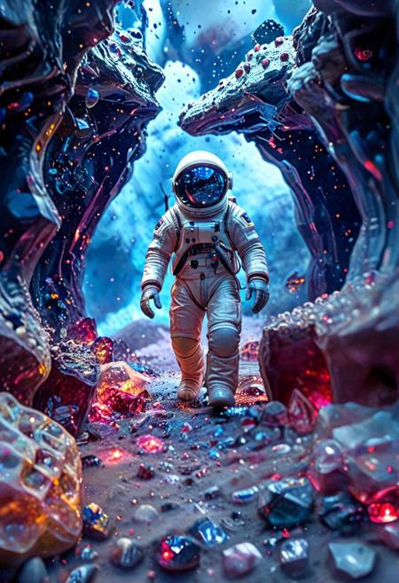 8k, Tilt shift photography style, a astronaut, blue mirror visor, running, ( Unmanned:1.2), Psychedelic gemstone caves, nebula background,