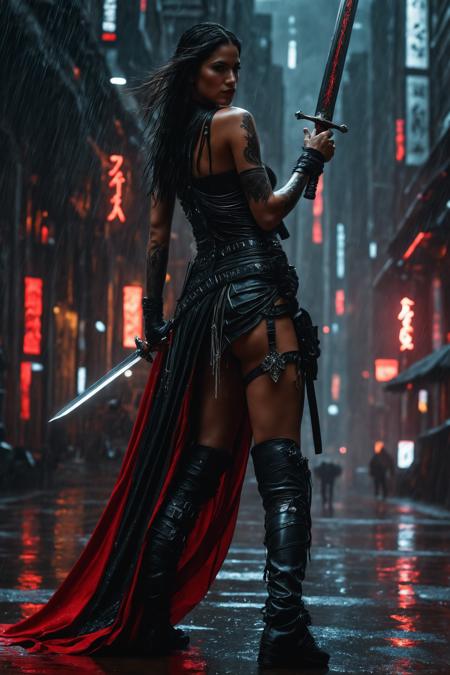 Techwear fashion a woman with a sword and a tattoo on her body is standing in the rain with a sword in her hand [22],a matte painting,figurative art,standing in front of a black background,<lora:Anne Stokes CLIP2:1>,Anne Stokes fantasy art,woman,female,wings,beautiful,detailed,black,dark,red,white,sexy,<lora:Alfred Manessier CLIP:1>,Alfred Manessier,dynamic folds,flowing forms,volumetric lighting,., 8k uhd, high quality,  . Futuristic, cyberpunk, urban, tactical, sleek, dark, highly detailed